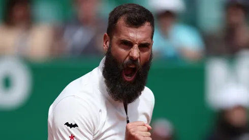 Benoit Paire of France celebrates against Lorenzo Musetti of Italy during day three of the Rolex Monte-Carlo Masters.