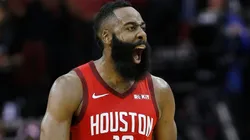 James Harden #13 of the Houston Rockets reacts after making a three point basket.