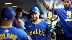 Cal Raleigh #29 of the Seattle Mariners celebrates his solo home run during the fifth inning against the Texas Rangers at T-Mobile Park on July 31, 2025 in Seattle, Washington.