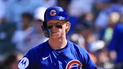 Pete Crow-Armstrong #4 of the Chicago Cubs strikes out during the seventh inning against the Baltimore Orioles at Wrigley Field on August 2, 2025 in Chicago, Illinois.
