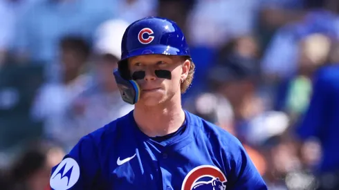 Pete Crow-Armstrong #4 of the Chicago Cubs strikes out during the seventh inning against the Baltimore Orioles at Wrigley Field on August 2, 2025 in Chicago, Illinois.