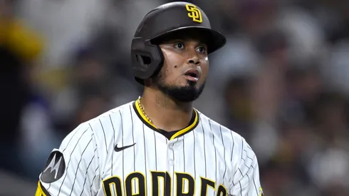Luis Arraez #4 of the San Diego Padres watches his two-run home run against the New York Mets during the fifth inning at Petco Park on July 28, 2025 in San Diego, California.