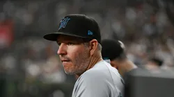 Manager Clayton McCullough #86 of the Miami Marlins looks on from the dugout against the Arizona Diamondbacks during the third inning at Chase Field on June 28, 2025 in Phoenix, Arizona.
