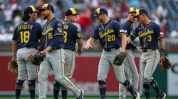 Milwaukee Brewers players celebrate after the game against the Washington Nationals at Nationals Park on August 2, 2025 in Washington, DC.