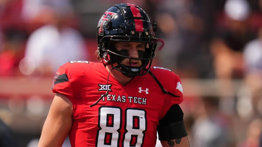 Baylor Cupp #88 of the Texas Tech Red Raiders warms up prior to a game against the Houston Cougars at Jones AT&amp;T Stadium on September 30, 2023 in Lubbock, Texas.