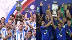 Lionel Messi of Argentina lifts the CONMEBOL Copa America 2024 trophy and Marta Vieira of Brazil lifts the Copa America Femenina.