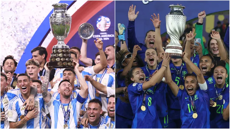 Lionel Messi of Argentina lifts the CONMEBOL Copa America 2024 trophy and Marta Vieira of Brazil lifts the Copa America Femenina.