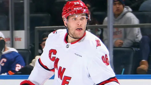 Mikko Rantanen #96 of the Carolina Hurricanes skates against the New York Islanders at UBS Arena on January 25, 2025 in Elmont, New York.
