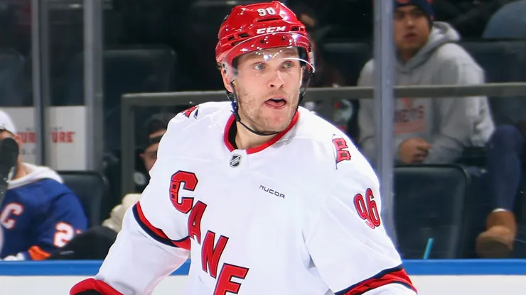 Mikko Rantanen #96 of the Carolina Hurricanes skates against the New York Islanders at UBS Arena on January 25, 2025 in Elmont, New York.