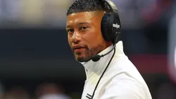 Head coach Marcus Freeman of the Notre Dame Fighting Irish reacts against the Georgia Tech Yellow Jackets during the first quarter at Bobby Dodd Stadium on October 19, 2024 in Atlanta, Georgia.