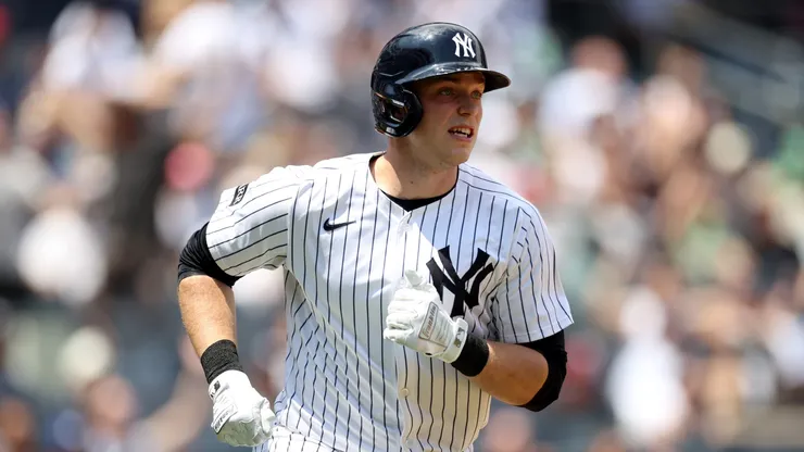Ben Rice #22 of the New York Yankees rounds the bases following his second inning solo home run against the Baltimore Orioles at Yankee Stadium on June 21, 2025 in New York City.