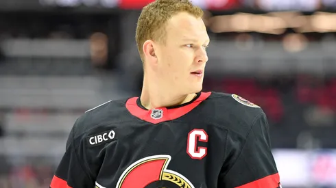 Brady Tkachuk #7 of the Ottawa Senators takes part in warm-up prior to game against n at Canadian Tire Centre on December 07, 2024 in Ottawa, Ontario.