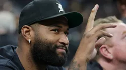 DeMarcus Cousins gestures as he is introduced at 2023 FIBA World Cup exhibition game between Puerto Rico and the United States.