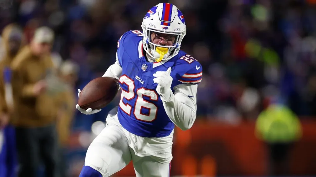 Ty Johnson #26 of the Buffalo Bills runs with the ball in the third quarter against the New York Jets at Highmark Stadium on November 19, 2023 in Orchard Park, New York.