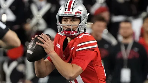 Quarterback Julian Sayin #10 of the Ohio State Buckeyes looks to pass the ball during the fourth quarter against the Western Michigan Broncos at Ohio Stadium on September 07, 2024 in Columbus, Ohio.