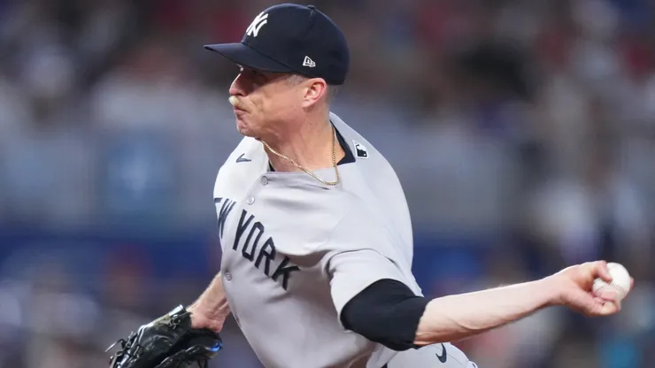 Tim Hill #41 of the New York Yankees throws a pitch against the Miami Marlins.