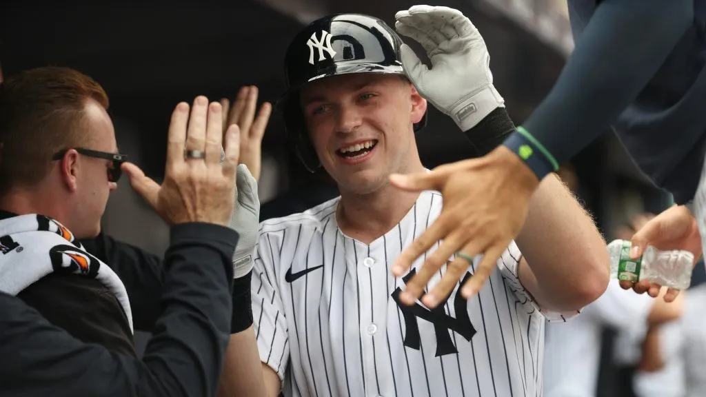 Ben Rice #22 of the New York Yankees celebrates after hitting a three run home run in the second inning against the Tampa Bay Rays during their game at Yankee Stadium on July 31, 2025. (Source: Al Bello/Getty Images)