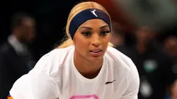 DiJonai Carrington warms up before the game against The New York Liberty at Barclays Center on August 24, 2024.