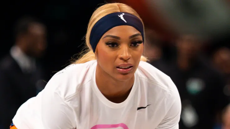 DiJonai Carrington warms up before the game against The New York Liberty at Barclays Center on August 24, 2024.