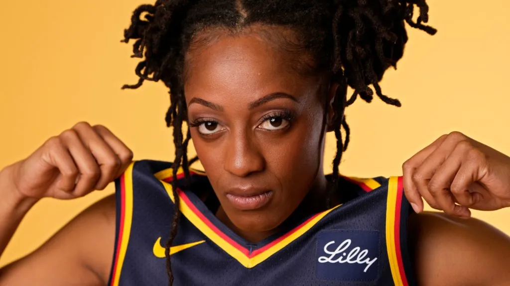 Kelsey Mitchell #0 of the Indiana Fever poses for a photo at Gainbridge Fieldhouse on May 01, 2024. (Source: Jeff Dean/Getty Images)