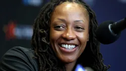 Kelsey Mitchell #0 of the Indiana Fever reacts during a press conference during the 2025 AT&T WNBA All-Star practice sessions at Gainbridge Fieldhouse on July 18, 2025.