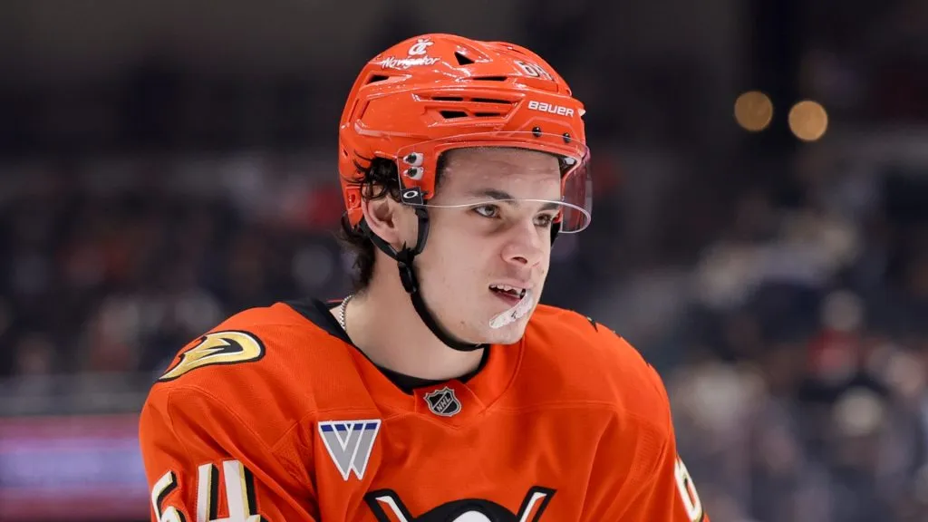 Sam Colangelo #64 of the Anaheim Ducks skates during the second period of a game against the Ottawa Senators at Honda Center on December 1, 2024 in Anaheim, California.