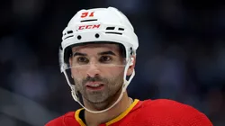 Nazem Kadri #91 of the Calgary Flames looks on during the third period against the Seattle Kraken at Climate Pledge Arena on November 20, 2023 in Seattle, Washington.