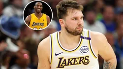 Luka Doncic #77 of the Los Angeles Lakers and NBA legend Kobe Bryant.