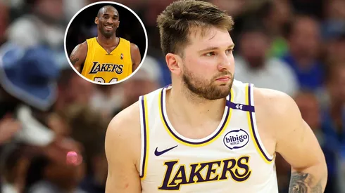 Luka Doncic #77 of the Los Angeles Lakers and NBA legend Kobe Bryant.