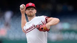 Michael Soroka #34 of the Washington Nationals pitches to the Cincinnati Reds during the first inning at Nationals Park on July 23, 2025 in Washington, DC.