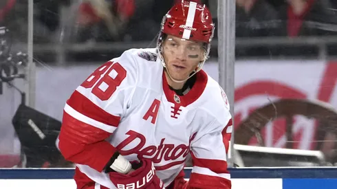 Patrick Kane during a Detroit Red Wings game in 2025, showcasing his trademark puck control and vision.
