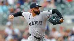 Devin Williams #38 of the New York Yankees pitches during the ninth inning against the Atlanta Braves.