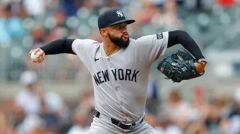 Devin Williams #38 of the New York Yankees pitches during the ninth inning against the Atlanta Braves.
