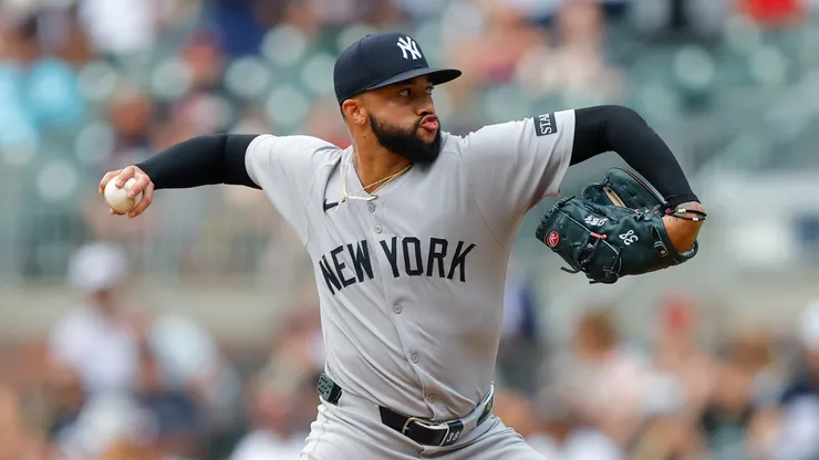 Devin Williams #38 of the New York Yankees pitches during the ninth inning against the Atlanta Braves.
