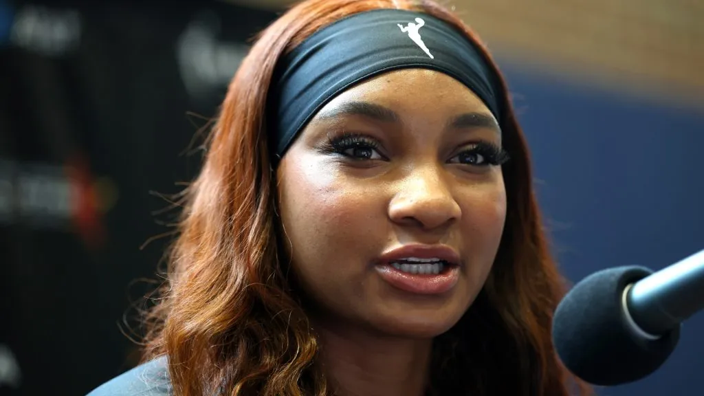 Kiki Iriafen #44 of the Washington Mystics speaks to the media during the 2025 AT&T WNBA All-Star practice sessions at Gainbridge Fieldhouse on July 18, 2025. (Source: Steph Chambers/Getty Images)