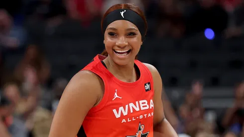 Kiki Iriafen #44 of the Washington Mystics reacts after a basket during the 2025 AT&T WNBA All-Star Game at Gainbridge Fieldhouse on July 19, 2025.