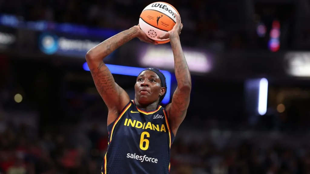 Natasha Howard #6 of the Indiana Fever shoots the ball during the game against the Atlanta Dream at Gainbridge Fieldhouse on May 20, 2025. (Source: Andy Lyons/Getty Images)