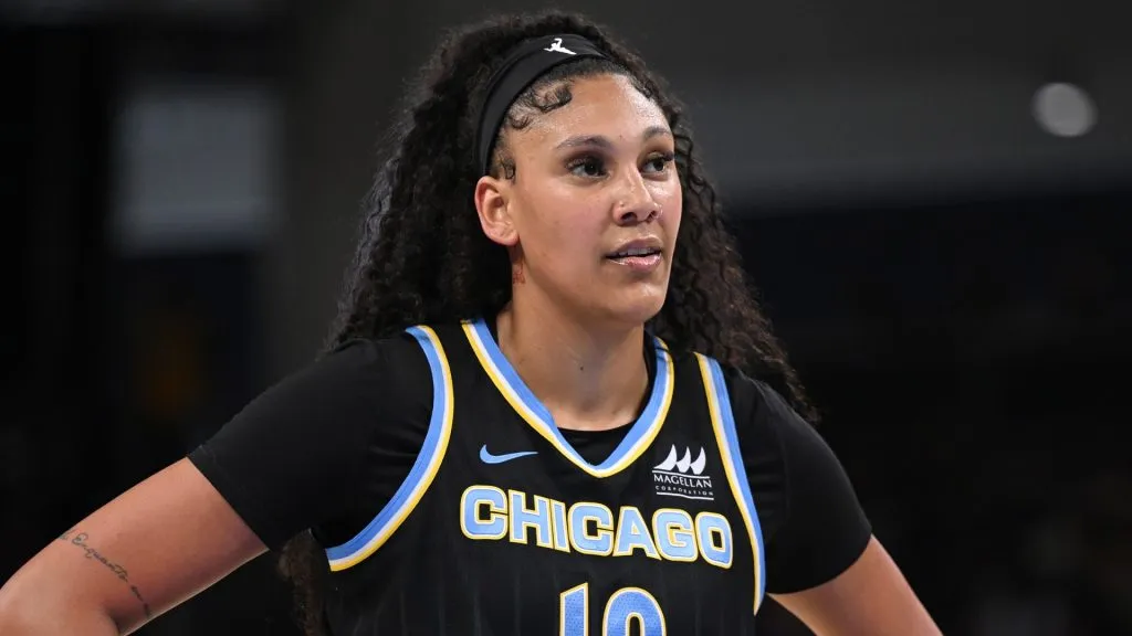 Kamilla Cardoso #10 of the Chicago Sky looks on against the Minnesota Lynx at Wintrust Arena on July 12, 2025. (Source: Daniel Bartel/Getty Images)