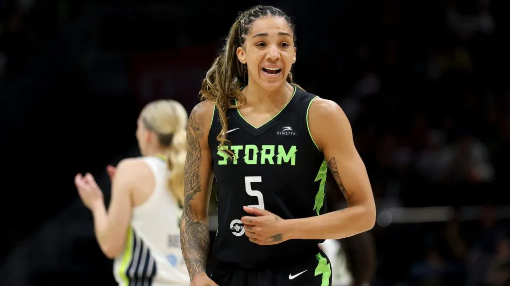 Gabby Williams #5 of the Seattle Storm reacts during the first half against the Dallas Wings at Climate Pledge Arena on July 22, 2025. (Source: Steph Chambers/Getty Images)