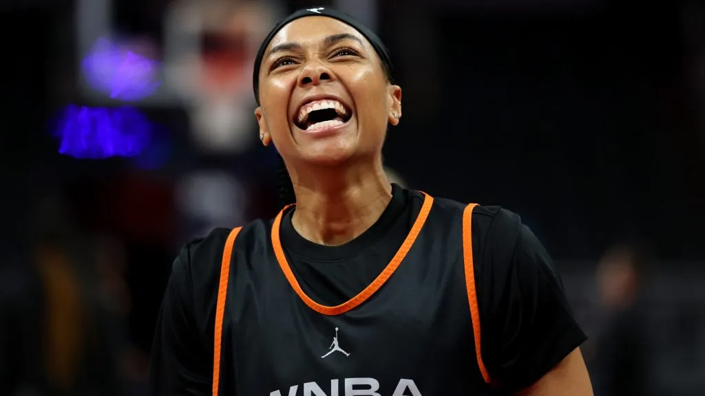 Allisha Gray #15 of the Atlanta Dream reacts during the 2025 AT&T WNBA All-Star practice sessions at Gainbridge Fieldhouse on July 18, 2025. (Source: Steph Chambers/Getty Images)
