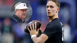 Carson Beck #15 of the Georgia Bulldogs warms up prior to the 2024 SEC Championship against the Texas Longhorns at Mercedes-Benz Stadium on December 07, 2024 in Atlanta, Georgia.