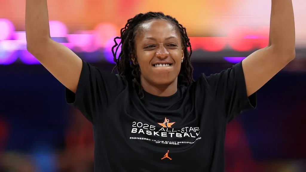 Kelsey Mitchell #0 of the Indiana Fever reacts during the 2025 AT&amp;T WNBA All-Star practice sessions at Gainbridge Fieldhouse on July 18, 2025. (Source: Steph Chambers/Getty Images)