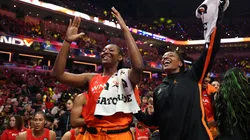 Aliyah Boston #7 and Kelsey Mitchell #0 of the Indiana Fever react during the first half of the 2025 AT&T WNBA All-Star Game at Gainbridge Fieldhouse on July 19, 2025.