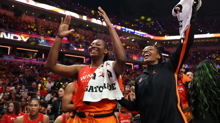 Aliyah Boston #7 and Kelsey Mitchell #0 of the Indiana Fever react during the first half of the 2025 AT&T WNBA All-Star Game at Gainbridge Fieldhouse on July 19, 2025.
