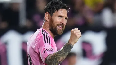 Lionel Messi #10 of Inter Miami CF celebrates after scoring.