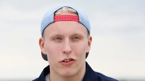 NHL draft prospect Patrik Laine speaks to the media during the Top Prospects Media Availability as part of the 2016 NHL Draft at the Erie Basin Marina on June 23, 2016 in Buffalo, New York.