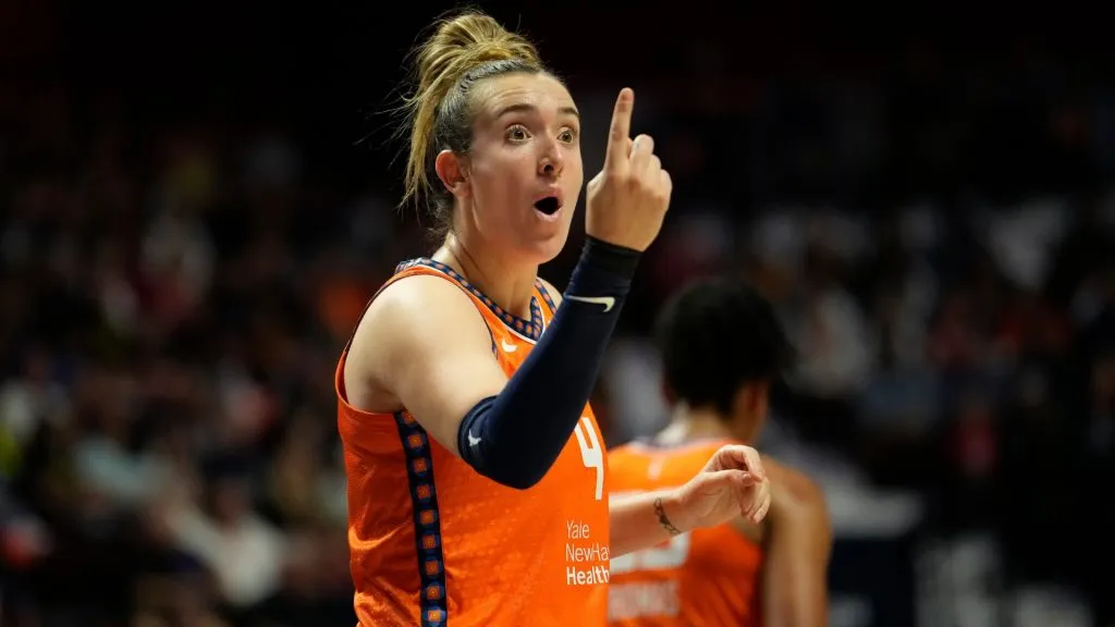 Marina Mabrey #4 of the Connecticut Sun reacts during the first half of a first-round WNBA playoff game against the Indiana Fever at Mohegan Sun Arena on September 22, 2024. (Source: Joe Buglewicz/Getty Images)