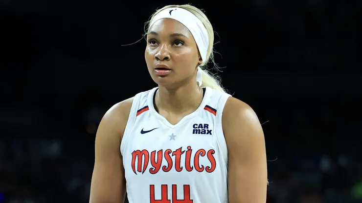 Kiki Iriafen #44 of the Washington Mystics shoots a free throw against the Las Vegas Aces in the third quarter of their game at Michelob ULTRA Arena on June 26, 2025.