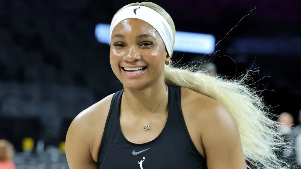 Kiki Iriafen #44 of the Washington Mystics warms up before a game against the Las Vegas Aces at Michelob ULTRA Arena on June 26, 2025. (Source: Ethan Miller/Getty Images)