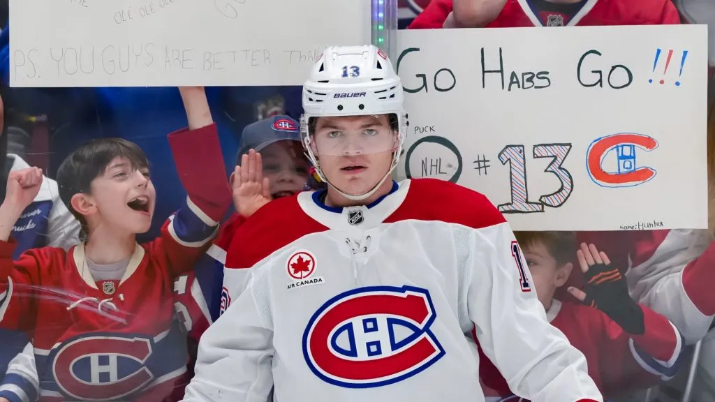 Cole Caufield #13 of the Montréal Canadiens looks on during warmup prior to their NHL game against the Vancouver Canucks at Rogers Arena on March 11, 2025 in Vancouver, British Columbia, Canada